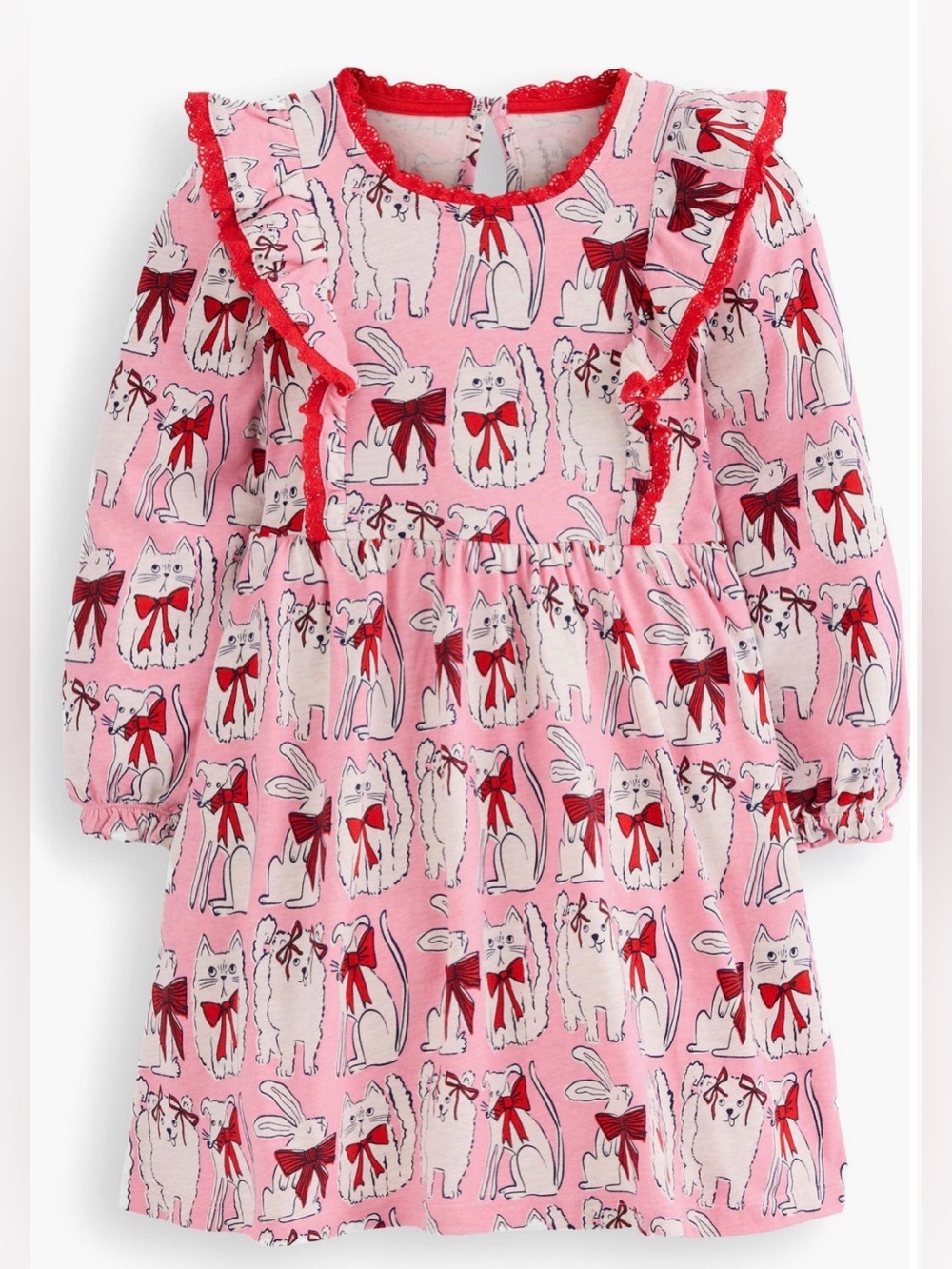 NWT Mini Boden pink pets animals ruffle long sleeves 100% cotton girls dress 4-5